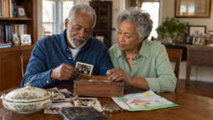 Older Couple sorting through family photos and meaningful belongings together